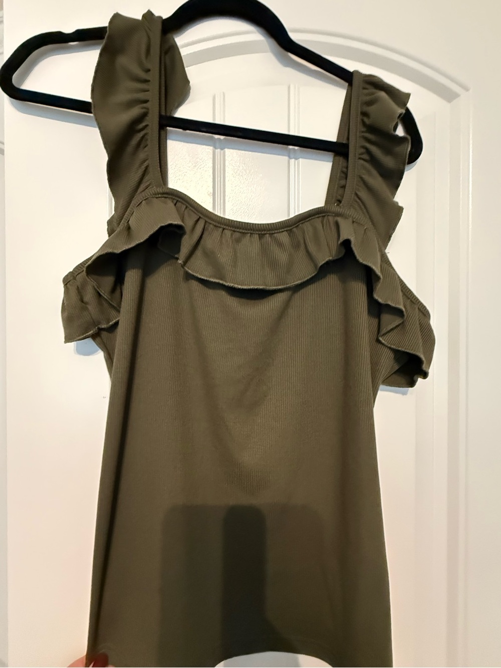 LOFT Olive Green Ruffle-Trim Tank Top